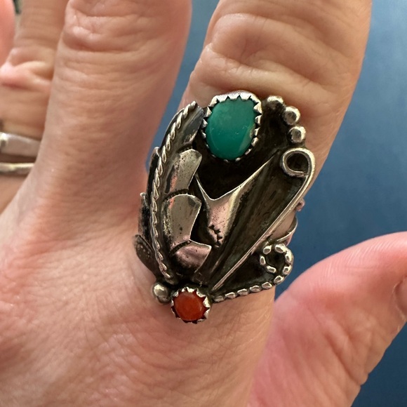 Vintage Old Pawn Sterling Silver Turquoise & Coral Statement Ring size 7 - Picture 2 of 8